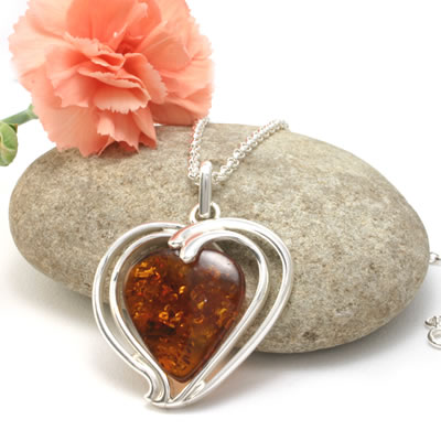 AM245 Handmade Amber and Silver Heart Pendant