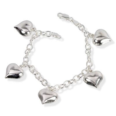 SB115 Puffed Heart Silver Charm Bracelet