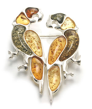 AM034 Large Double Parrot Amber Brooch