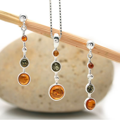Triple Amber Pendant and Earrings Set