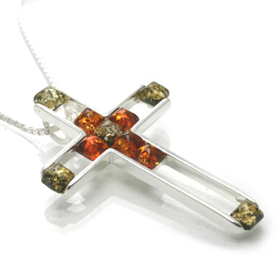 AM087 Green and Cognac Amber Contemporary Cross