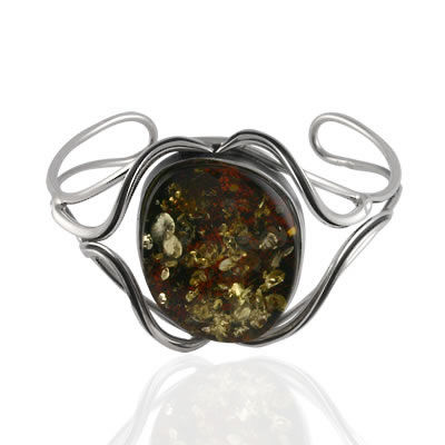 AM1002 Green Baltic Amber Handmade Silver Bangle