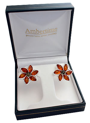 AM234 Green and Cognac Amber Flower Earrings