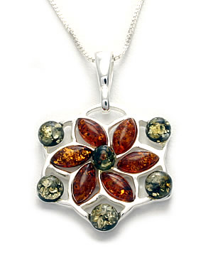 AM235 Green and Cognac Amber Flower Pendant