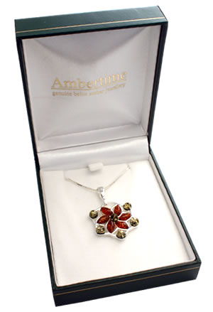 AM235 Green and Cognac Amber Flower Pendant