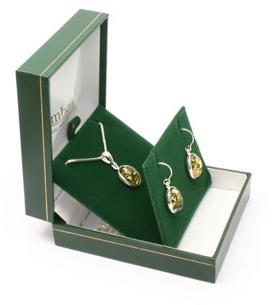 AM385 Green Amber Oval Pendant and Earrings Set