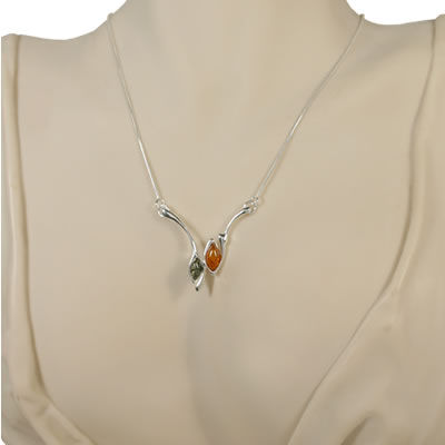 AM428 Green and Honey Amber Wishbone Necklace