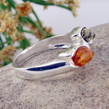 AM436 Green and Honey Amber Marquise Silver Ring
