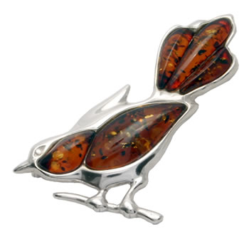 AM441 Cognac Amber Silver Bird Brooch