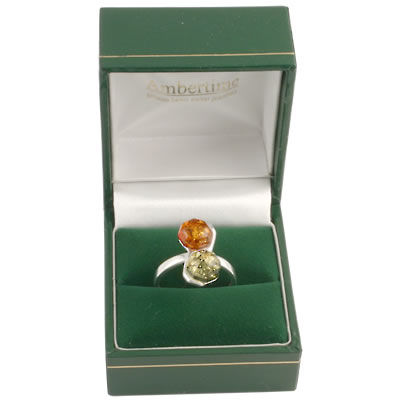 AM704 Green and Honey Amber Octagonal Cut Ring