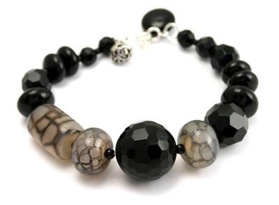 SB074 Onyx and Agate Silver Adjustable Bracelet