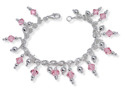 SB091 Pink Crystal and Silver Bead Charm Bracelet