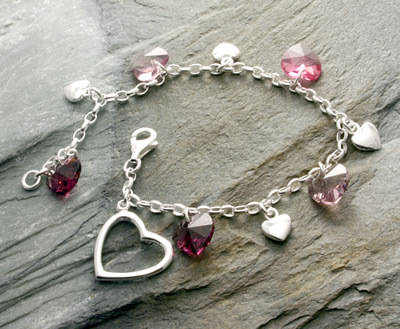 SB143 Crystal and Silver Heart Charm Bracelet