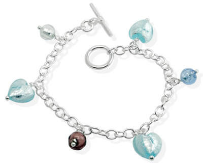 SB188 Ice Blue Murano Glass Heart Charm Bracelet