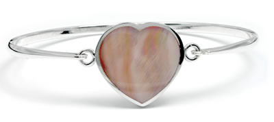 SB189 Pink Mother of Pearl Silver Heart Bangle