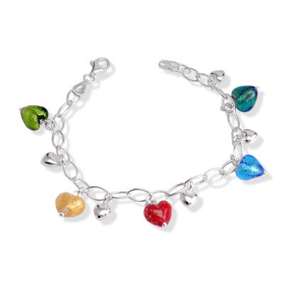 SB253 Glass Hearts Silver Charm Bracelet