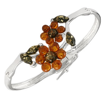 SB303 Amber Flower Silver Bangle