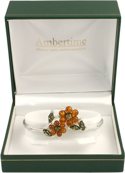 SB303 Amber Flower Silver Bangle