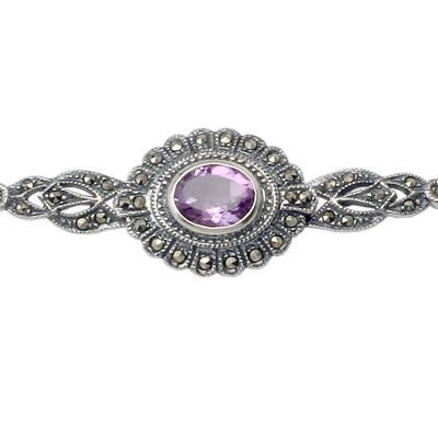 SB305 Amethyst and Marcasite Silver Bracelet