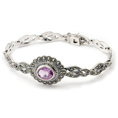 SB305 Amethyst and Marcasite Silver Bracelet