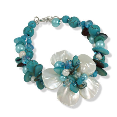 SB327 Turquoise, Shell and Pearl Flower Bracelet