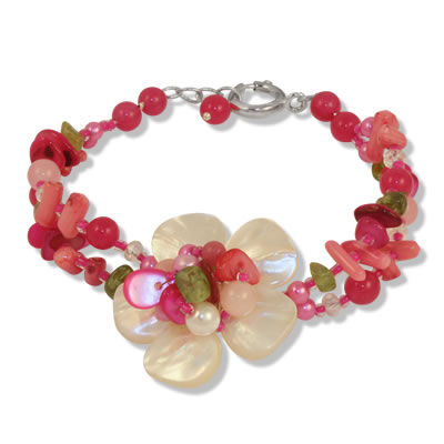 SB357 Pink Multi Gemstone Flower Bracelet