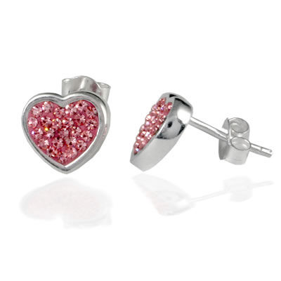 SER090 Pink Crystal Heart Stud Earrings