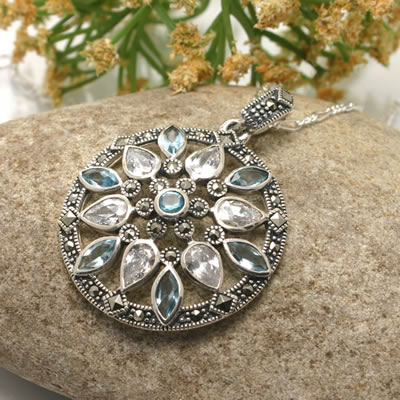 SP057 Blue and White Marcasite Round Pendant