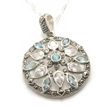 SP057 Blue and White Marcasite Round Pendant