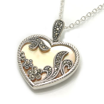 SP075 Mother of Pearl and Marcasite Heart Pendant