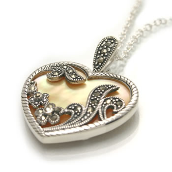 SP075 Mother of Pearl and Marcasite Heart Pendant