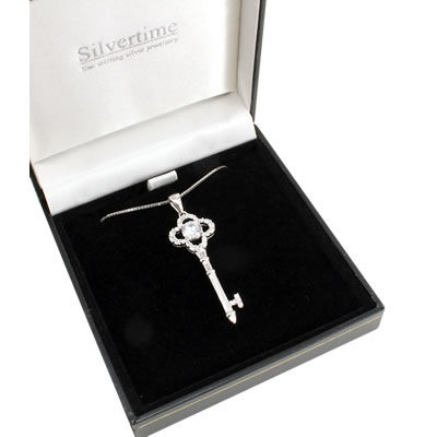 Silver Necklace on Large Silver Cubic Zirconia Set Key Pendant With Chain