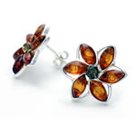 Green and Cognac Amber Flower Earrings