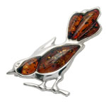 Cognac Amber Silver Bird Brooch