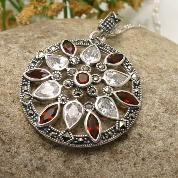 Red and White Marcasite Pendant