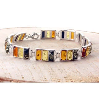Rhodium Plated Multicoloured Sterling Silver Baltic Amber Bracelet