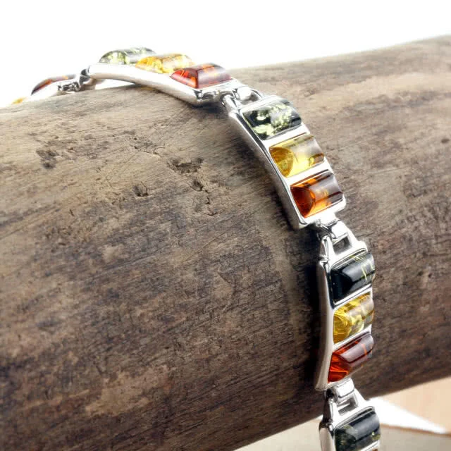 Green, Honey and Lemon Baltic Amber Sterling Silver Bracelet