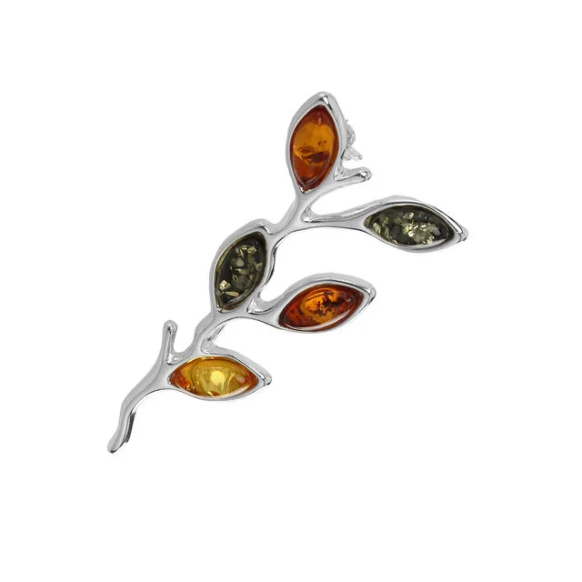Sterling Silver And Amber Leaves Brooch