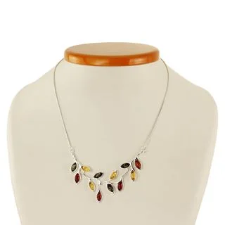 Multicoloured Amber Silver Leaves Necklace