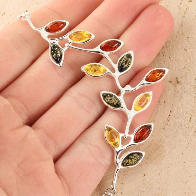 Sterling Silver Leaves Baltic Amber Necklace