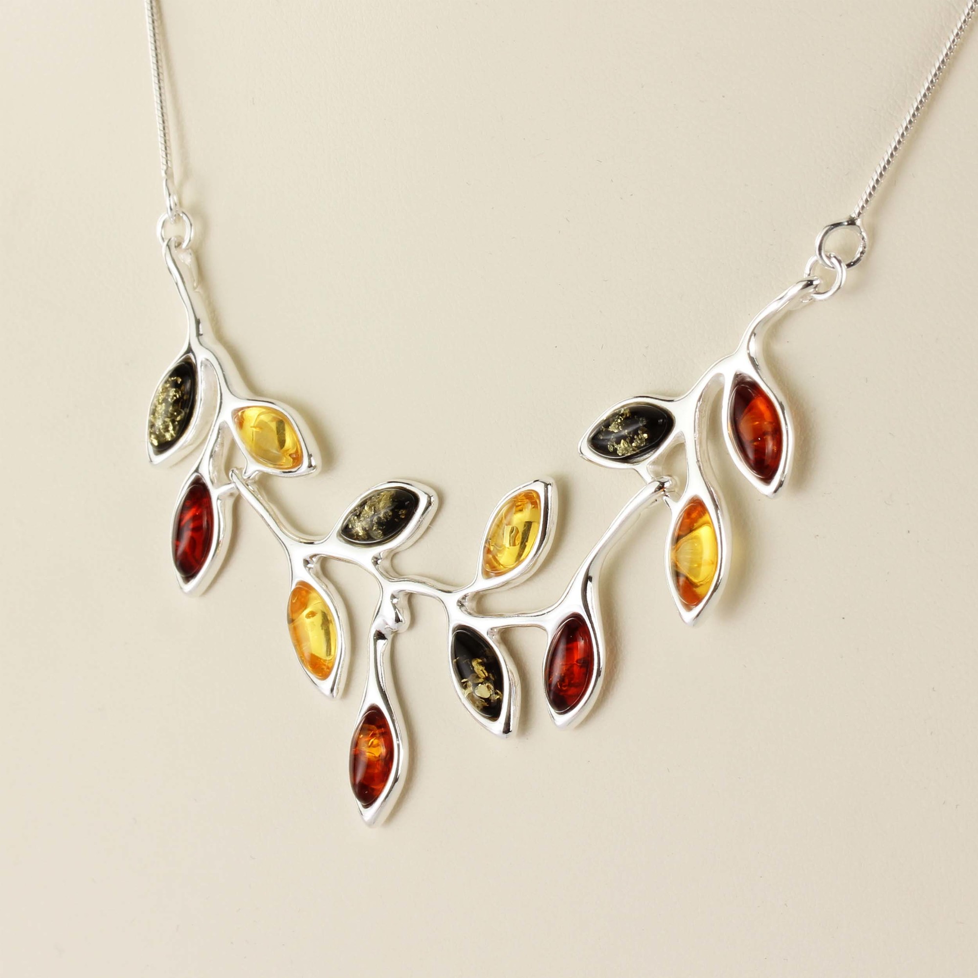 Amber Leaves Necklace, 11 Multi Coloured Baltic Amber Marquise Cut Pieces