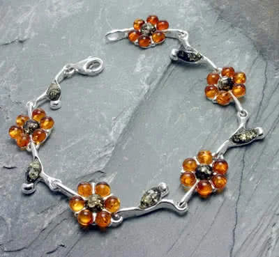 Honey and Green Amber Flower Bracelet - Hallmarked Sterling Silver