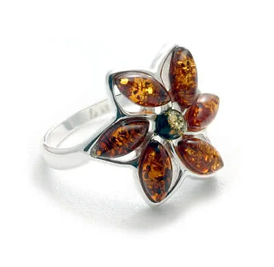 Green and Cognac Amber Flower Ring - Solid Sterling Silver