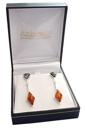 Diamond and Trillion Amber Drop Earrings -Honey Amber in a diamond shape amber