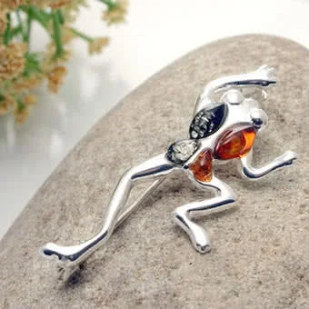 Amber Leaping Frog Brooch