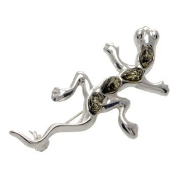 Sterling Silver Gecko Green Amber Brooch