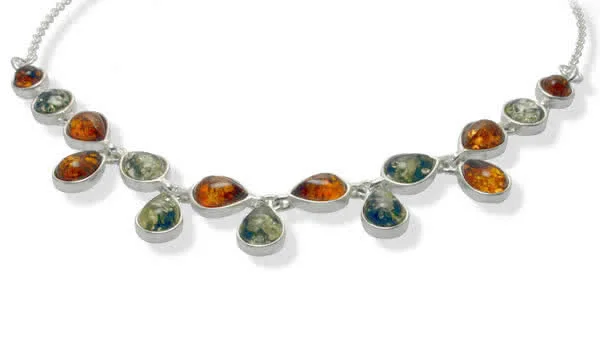 Sterling Silver Green and Cognac Amber Droplet Necklace