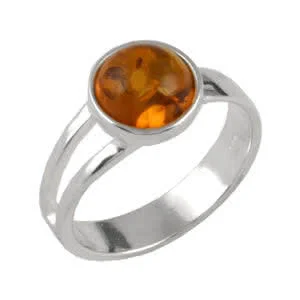 8mm Round Honey Amber Silver Ring - Contemporary design with cut out detail on one side