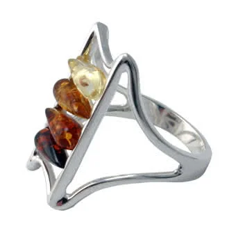 Multi Colour Baltic Amber Peardrop Ring - Highly Polished Sterling Silver