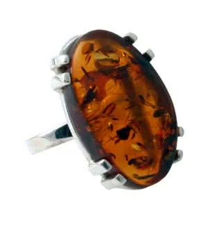 Large Oval Amber Sterling Silver Ring
